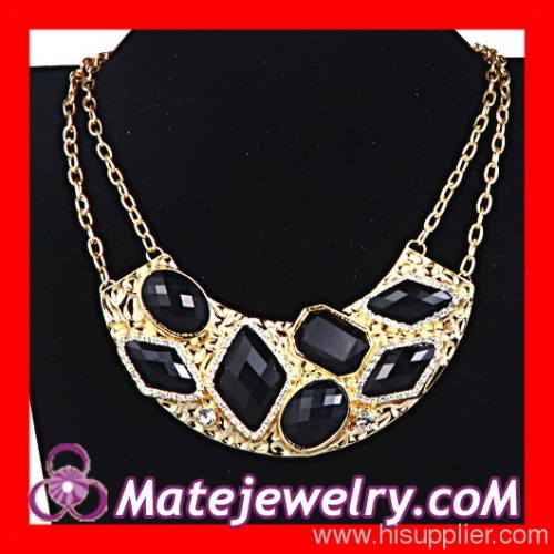 Gold Black Link Chain Stone Statement Crescent Choker Bib Necklace