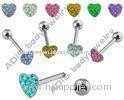 Heart Multi Crystal Non - Toxic Ring Tongue Piercing Barbell Jewelry, Anodized Titanium