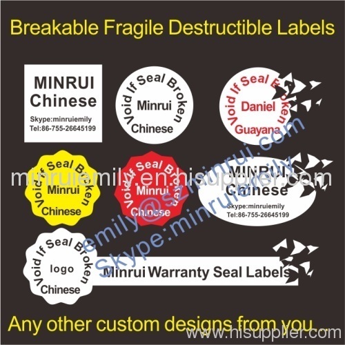 Custom Tamper Evident Breakable Labels Warranty VOID If Seal Is Broken Destructible Labels