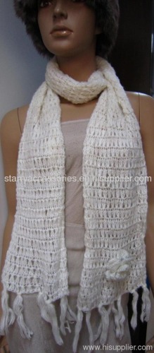 acrylic ladies knitted winter scarf with crochet flower