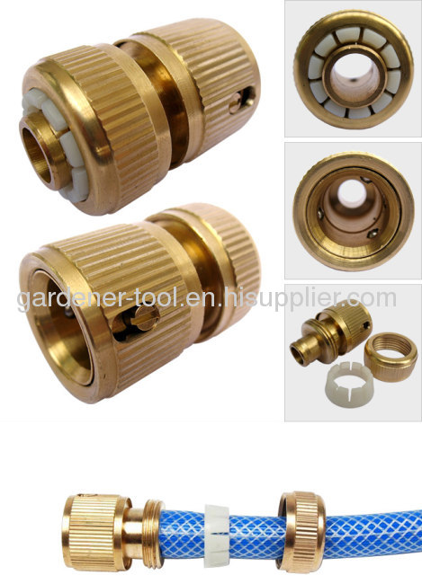 Brass 3/4snap-in garden coupling with waterstop for connecting hose.