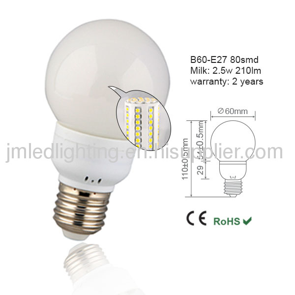 e27 b60 led lighting bulb 2.5w 210lm milk