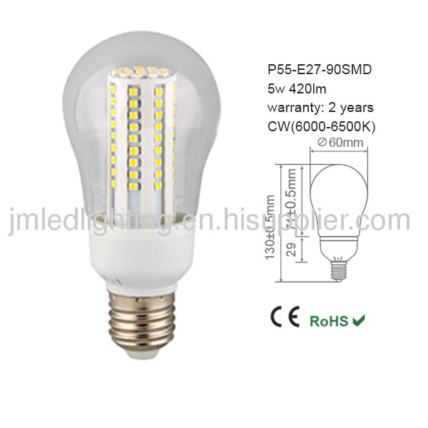 e27 p55 led bulb lighting 5w 420lm 90smd clear cw(6000-6500k)