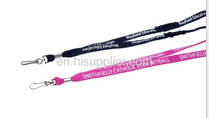 1.2cm wide,polyester bootlace lanyards, silkscreen printed,with safety breakaway.j-hook end