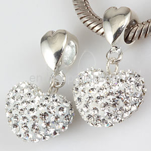 925 Sterling Silver european White Crystal Heart Pendant Beads