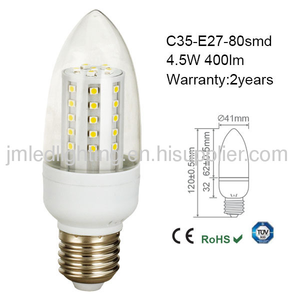 4.5w led candle light c35 e27 80smd 400lm