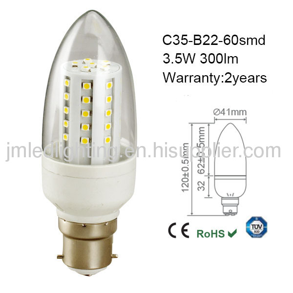 c35 led candle lamp b22 3.5w 300lm clear 60 smd