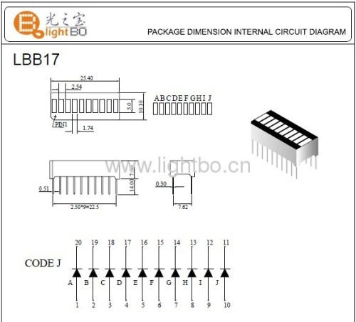 25.4x10.1x7.9 mm 10-Segment LED Light Bar Gradh Array,Various colours available