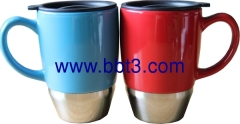 2013 new ceramic coffee mug with stainless steel base and plastic lid