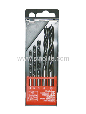 Wood drill bit 3 brad point 5pcs Size 4-5-6-8-10mm black and silver finish in plastic box