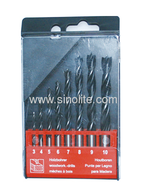 Wood drill bit 3 brad point 8pcs Size 3-4-5-6-7-8-9-10mm black and silver finish in plastic box