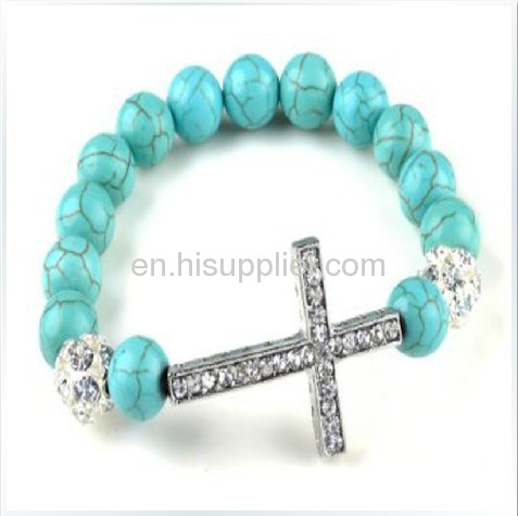 Turquoise Beads Czech Crystal Sideways Cross Bracelet