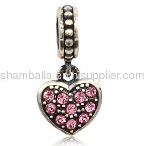 Cheap 925 Sterling Silver european Pink Crystal Heart Dangle Charms Wholesale