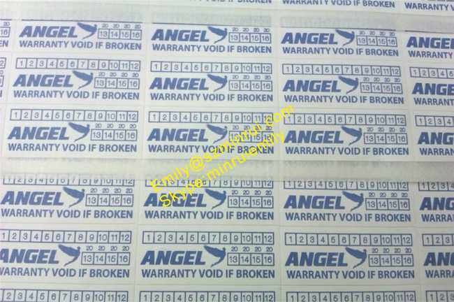 Custom small warranty stickers for tamper evident use with customized logo or name