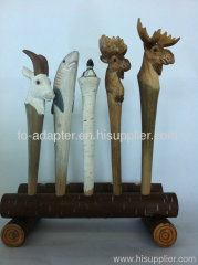 wooden carving animal ball pen