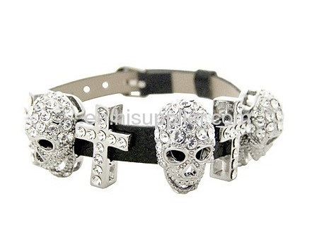 White Crystal Skull And Sideways Cross Rhinestone Slide Charm Bracelet 