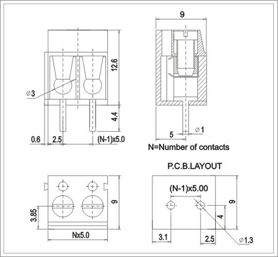 22-14AWG pitch 5.0mm 12 way screw terminal block,10A - KaiFeng Components