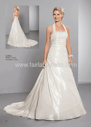 Strapless Sweetheart Halter Chapel Train Taffeta Beaded Pleated Wedding Dress