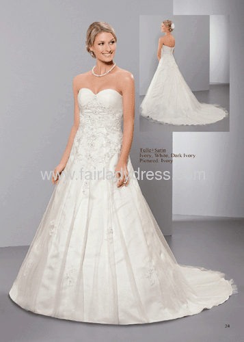 A-line Strapless Sweetheart Corset Backless Chapel Train Satin Tulle Appliqued Wedding Dress