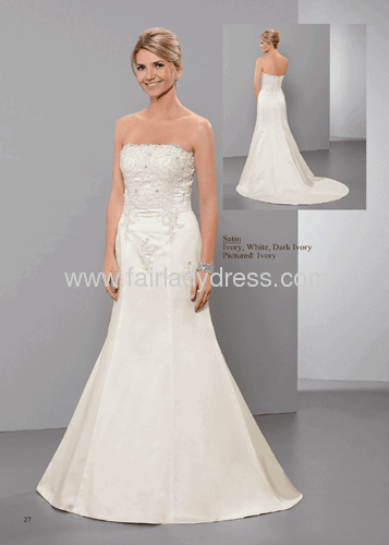 Mermaid Strapless scalloped edged Chapel Train Satin Ivory Wedding Gown