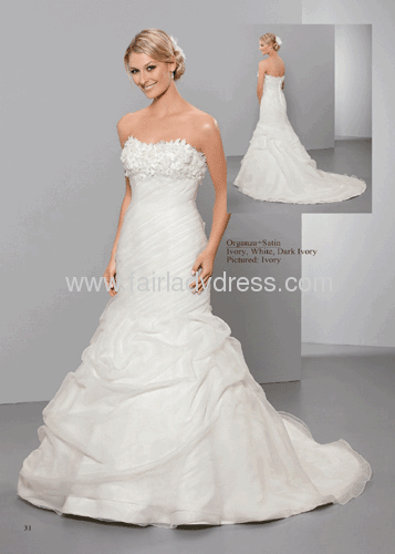 Mermaid Strapless Sweetheart Chapel Train Satin Organza Ivory Wedding Gown