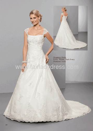 Princess Strapless Sweetheart Chapel Train Capped Sleeves Corset Backless Satin Organza Beaded Pleated Bride Dress