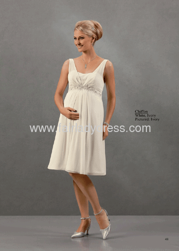 Sheath V-neck Empire Waist Knee Length Beaded Draped Chiffon Ivory Dress