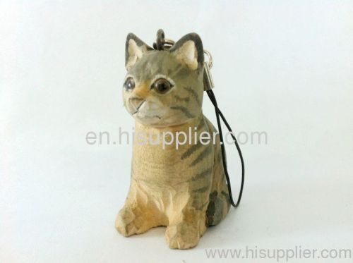 wooden carving cat shape key ring