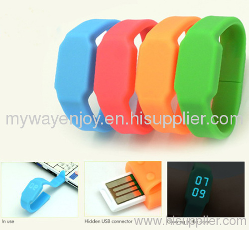 led logo silicon wristband watch usb flash drive