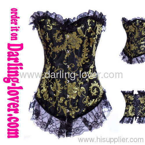 Gold floral pattern black ground lace corset