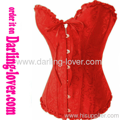 Red printed ruffle satin trim lace corset