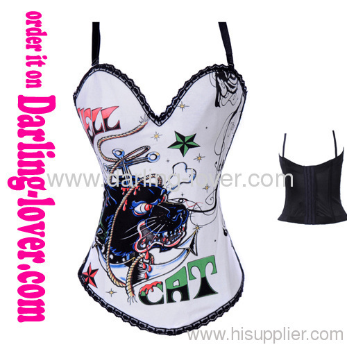 Black cat printed overbust corset