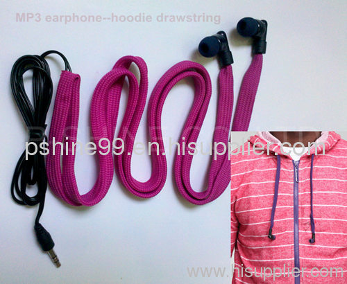 NEW washable headphone for hoodie garment drawstrings waterproof MP3 earphone