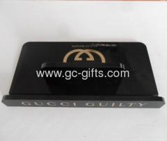 Black acrylic tablet display cases with logo stamped golden