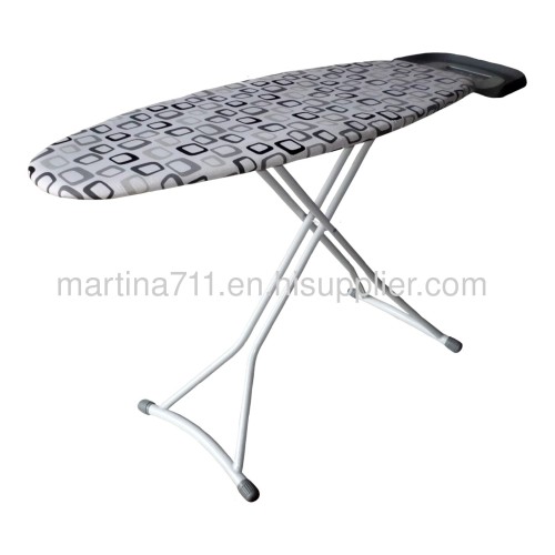 Metal mesh top ironing board with retracted iron rest