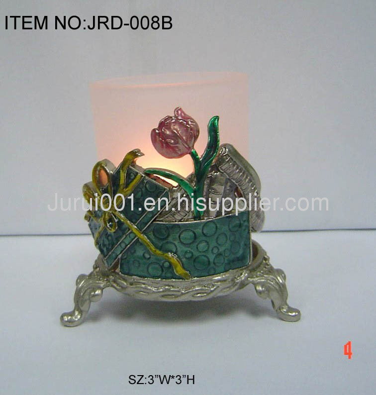 Metal candle holder with colorful flowers