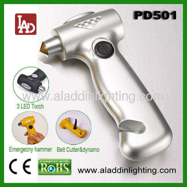 4in1 dynamo emergency auto safety hammer with 3 LED torch