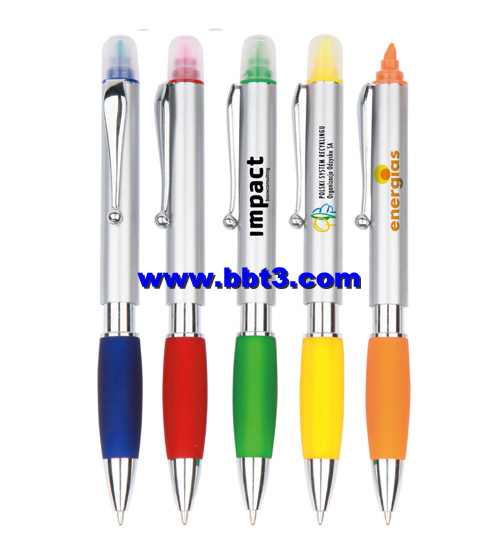 Top selling promotional silver barrel ballpen with highlighter