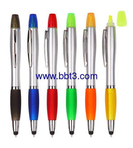 Promotional stylus ballpoint pen with highlighter