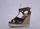 PU Black Ladies Wedge Sandal , 7.5 Size High Heel Summer Espadrille