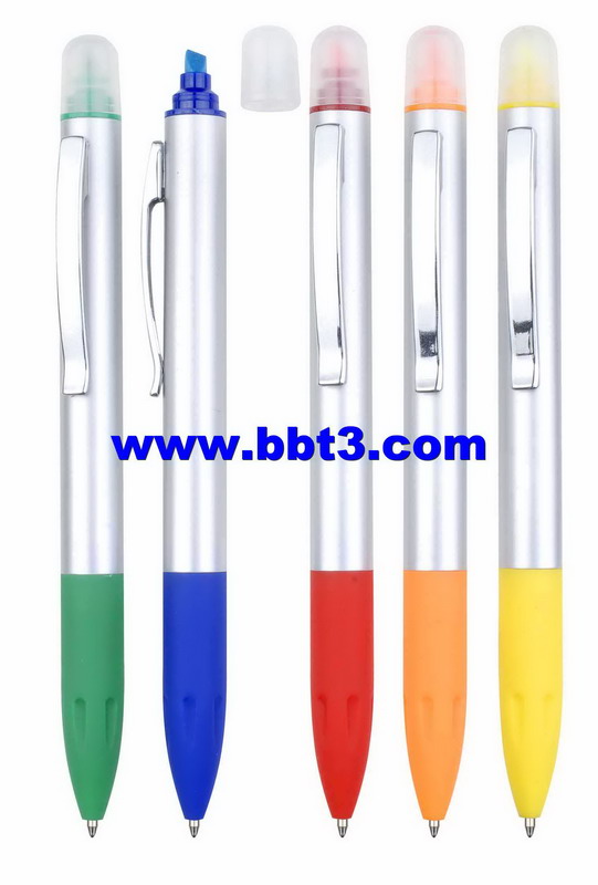 Promotional silver barrel ballpen with rubber grip and highlighter