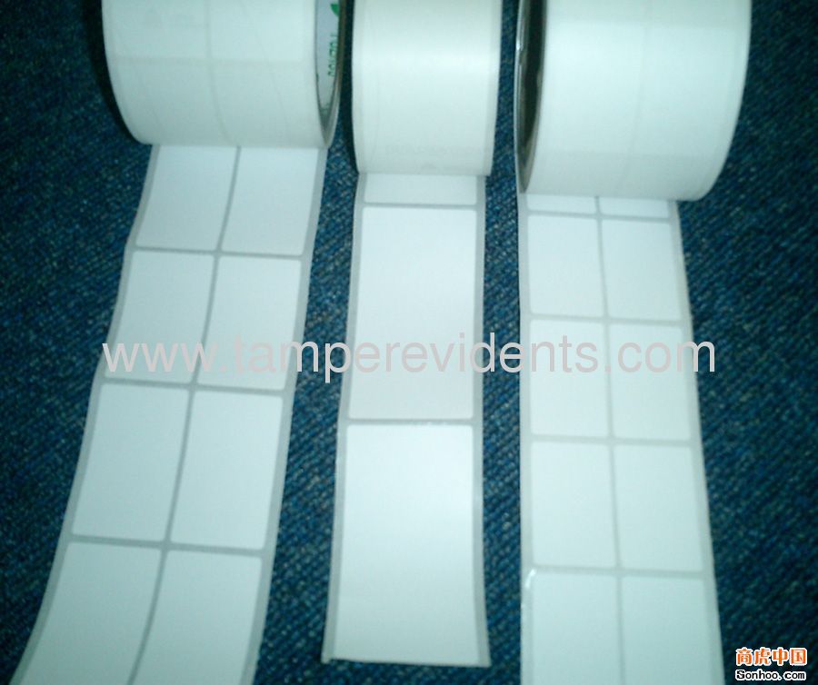 White destructible sticker paper in rolls,blank tamper evident label materials