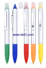 Promotional silver barrel ballpen with rubber grip and highlighter