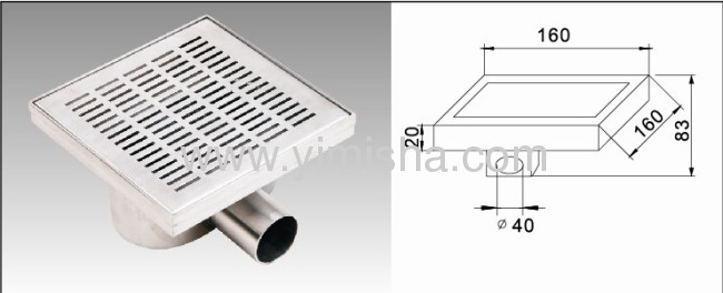 Square Stainless Steel Floor Drain for Shower Room with Outlet Diameter 40mm