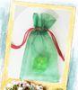 Green Organza Drawstring Gift Pouches , Logo Ribbon For Packing