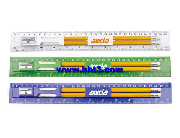 Promotional 30cm ruler set with pencils,eraser and sharpener