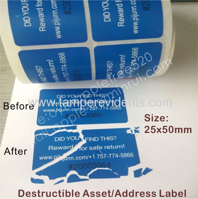 Custom Printing Blue Address Labels,Tamper Evident Asset ID Sticker, Destructible Eggskin Vinyl Labels on Rolls