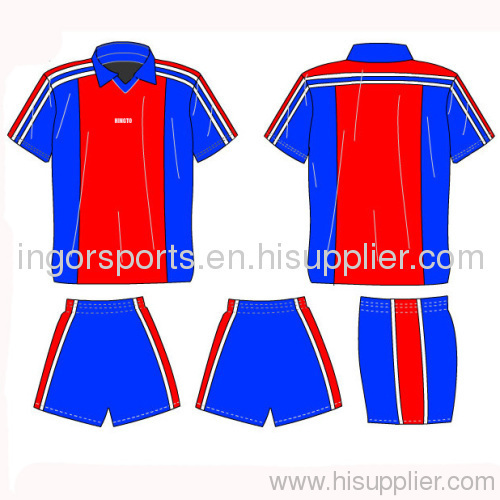 Royal Blue / Red Sublimated Soccer Jersey and Shorts With Collar Cool Max