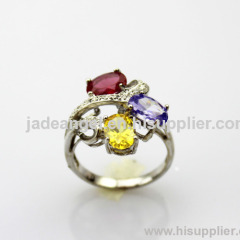 Fashion Jewelry 925 Silver Ring with 3 Multicolored Cubic Zircon Stones Ruby and Citrine and Amethyst