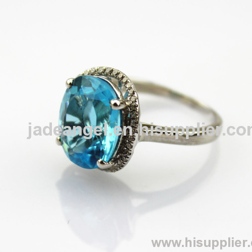 White Gold Plated Solid Silver Ring with Oval Round Blue Topaz and CZ Diamonds